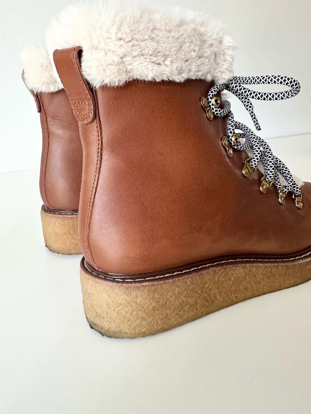 J.Crew Faux Fur Lined Brown Leather Lace Up Nordic Hiking Boots Size 8.5